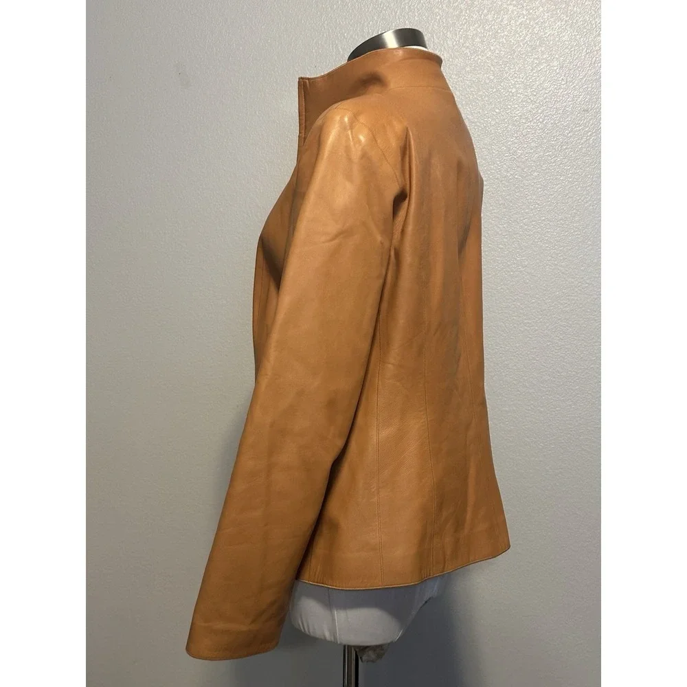 COLE HAAN 100%‎ Lambskin Leather Wing Collar Zip Jacket Camel Beige Women Sz 14